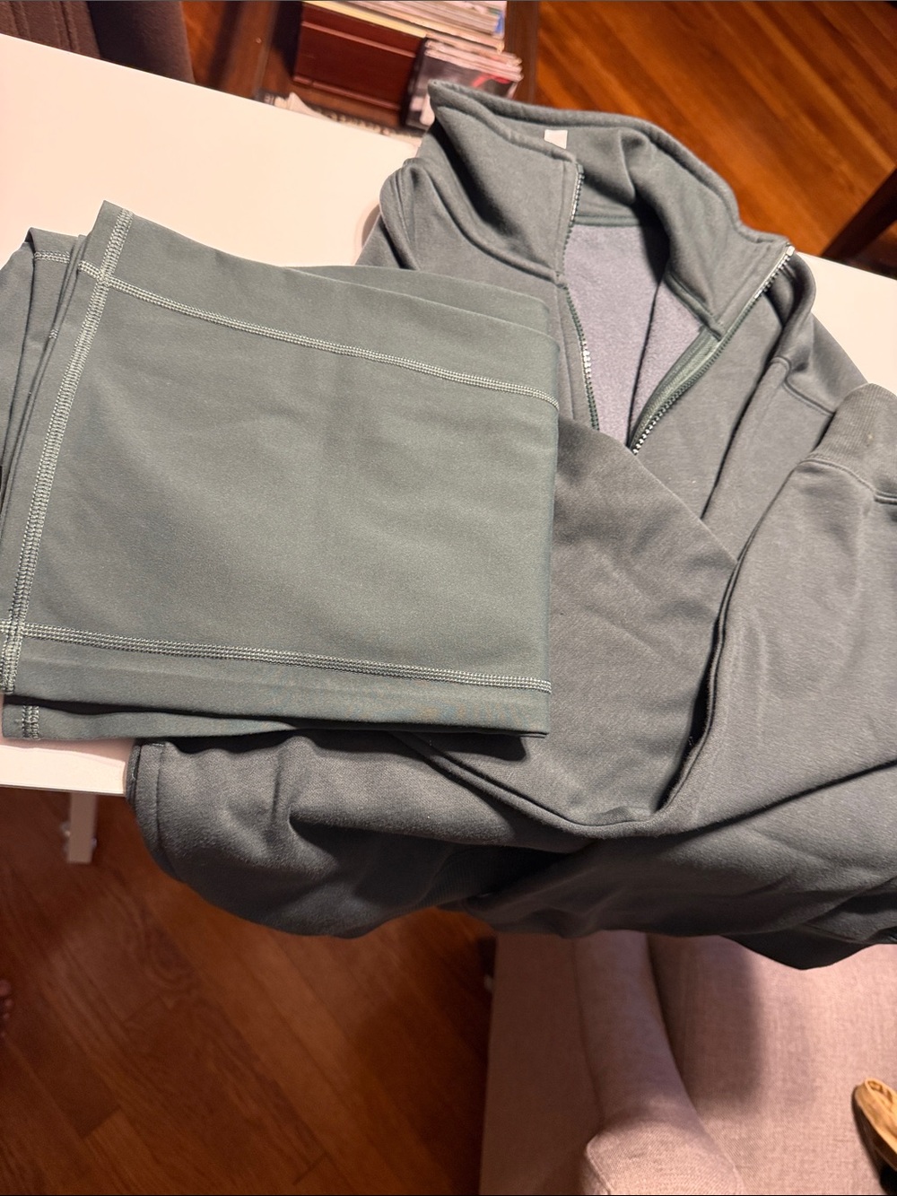 Green Fabletics Oasis High-Waisted Kick Flare legging with Matching Sweater Set